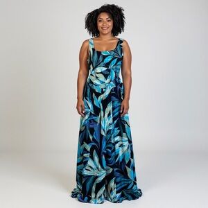 Mynah - Blue Leaf Print One-Piece Swimsuit & Pant - M